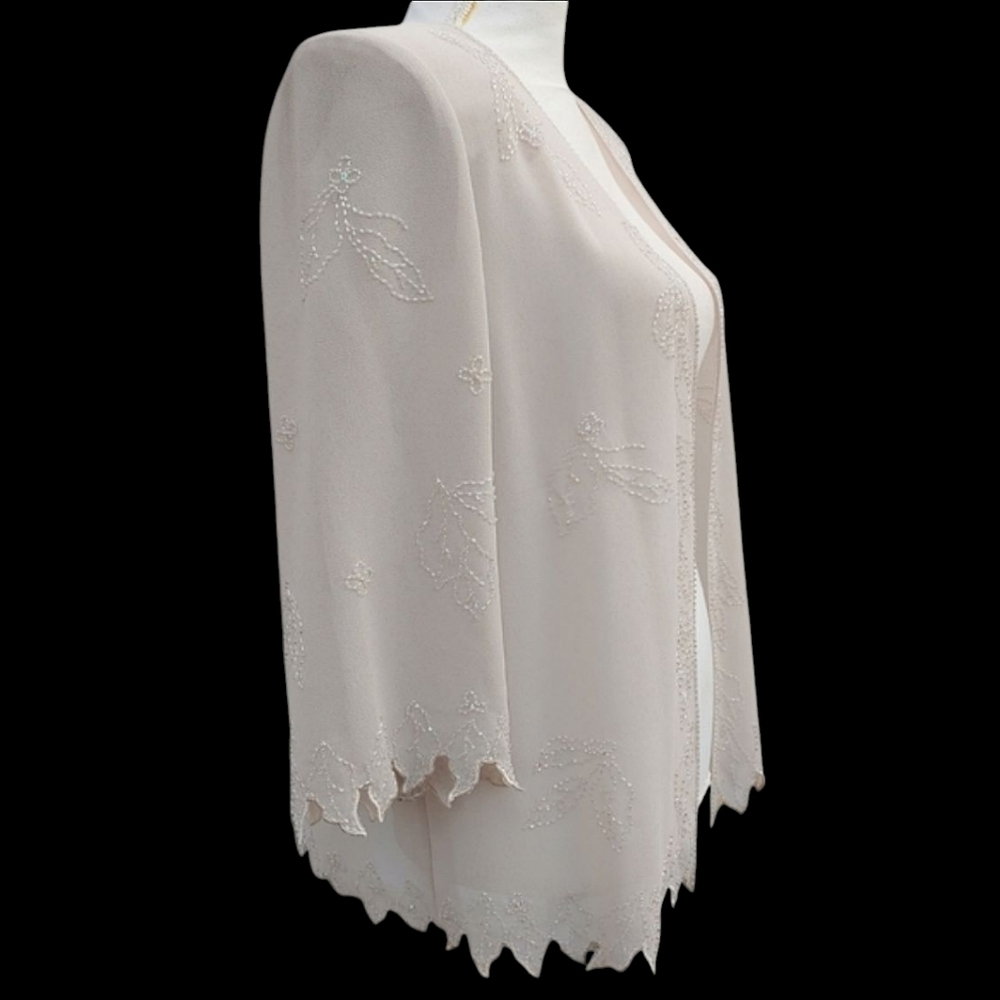 Karen Miller New York Vtg 80s Open Front Cardi Lovely Beaded Pattern Leaf Detail